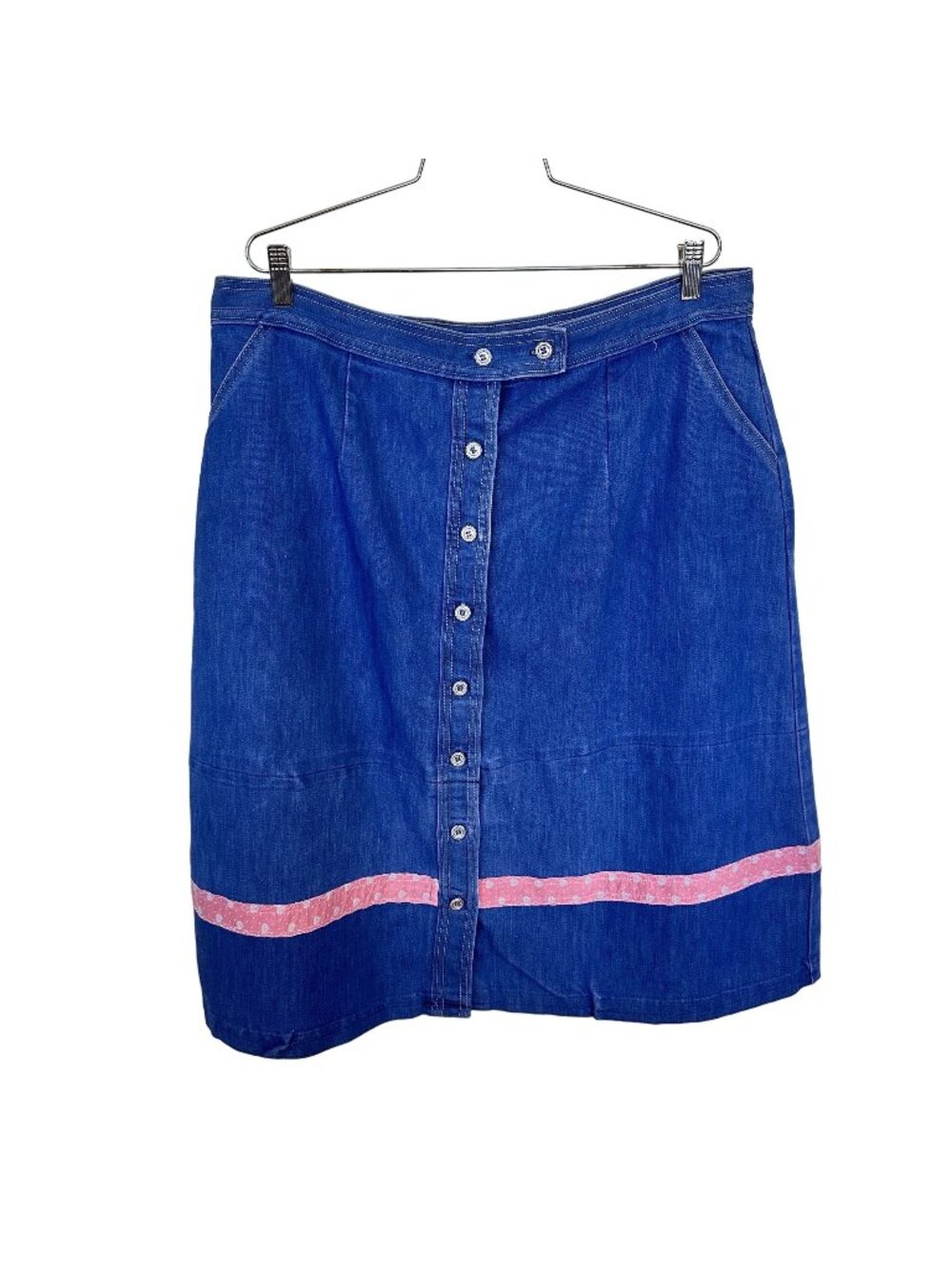 Vintage Womens Denim Skirt 2X 16 Full Button Knee Length Jean Pink Trim Pockets